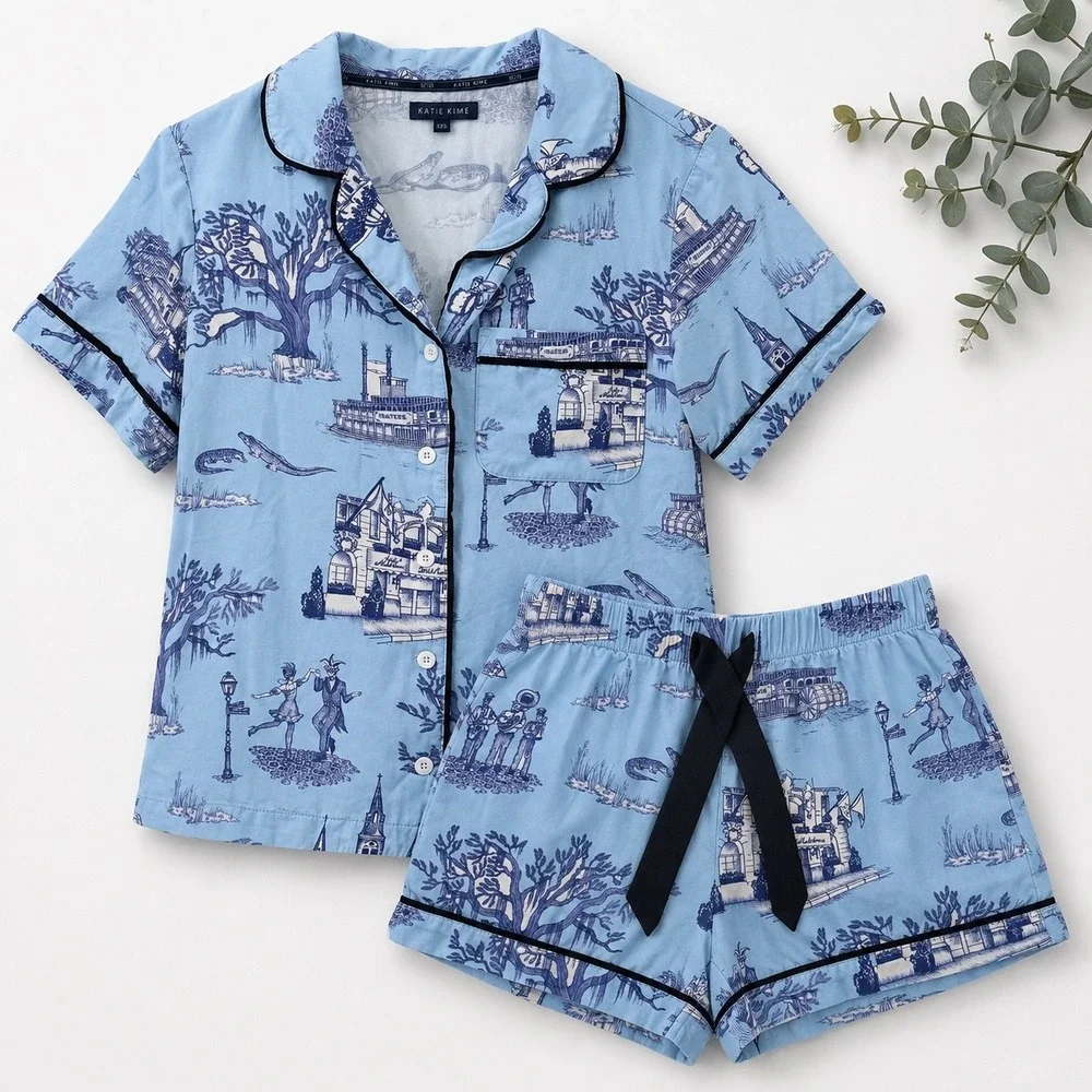 Katie Kime Pajama Set Women XXS Blue New Orleans Toile Short Sleeve Cotton Modal